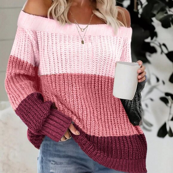 Multicolor Oversized Sexy Women's Off The Shoulder Sweater - Picture 1 of 7